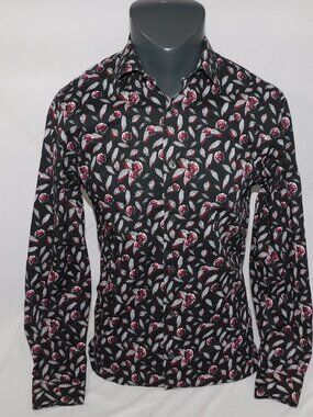 Geoffrey Beene Slim Fit Black Red White Floral Leaves Dress Shirt Mens 15 32/33
